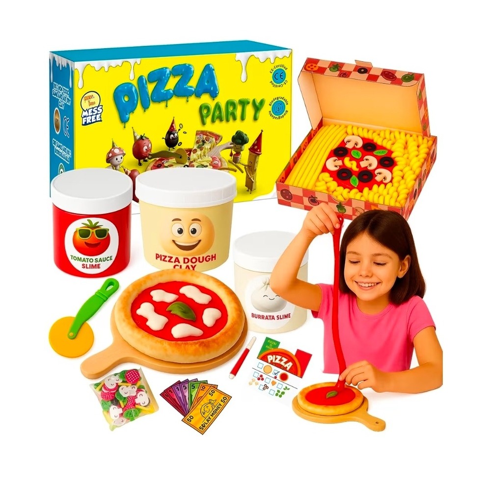 New and fun pizza-themed slime-making kit for home use. Toy pizza with utensils.
